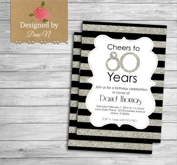 silver glittered stripes 80th birthday invitation party template