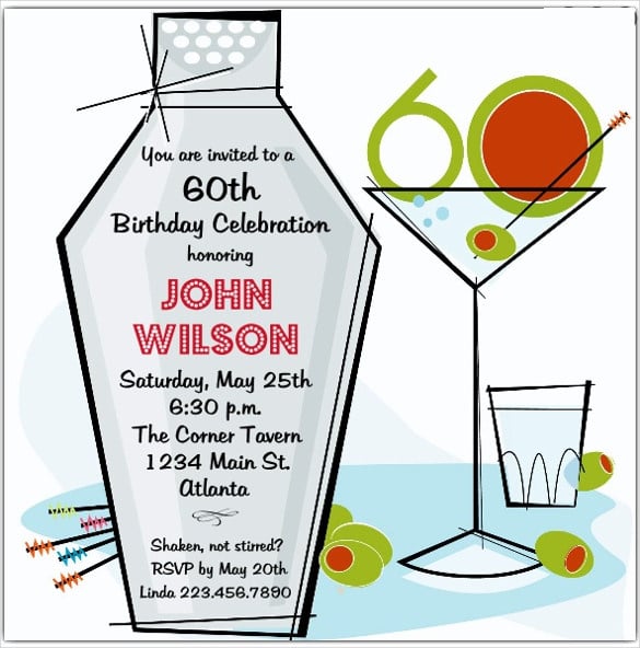 retro martini 60th birthday invitations