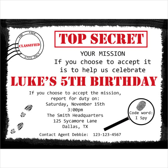 simple black and red top secret personalized birthday invitations