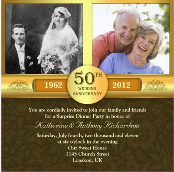 fancy golden 50 anniversary photo invitations