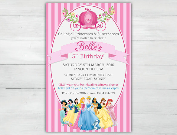 pink disney princesses girls personalised birthday invitation