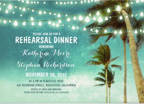 teal ombre beach rehearsal dinner string lights paper invitation card
