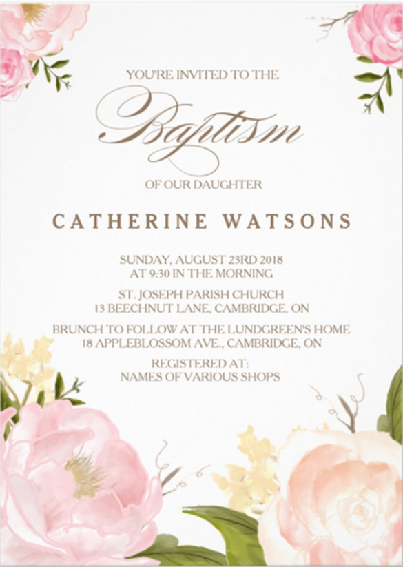 romantic watercolor flowers baptism invitation