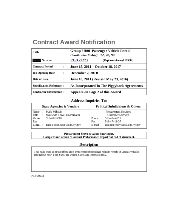 contract appreciation award notification template