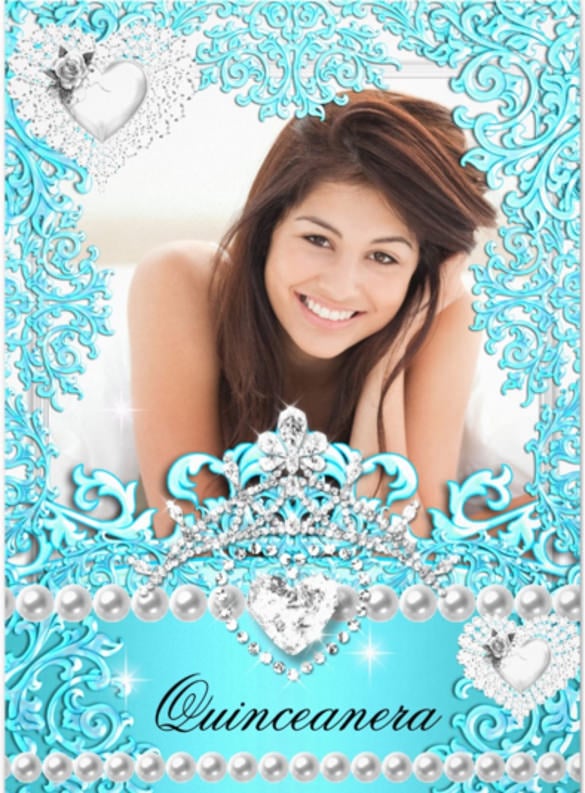 quinceanera 15th birthday party teal blue silver 5x7 paper invitation card