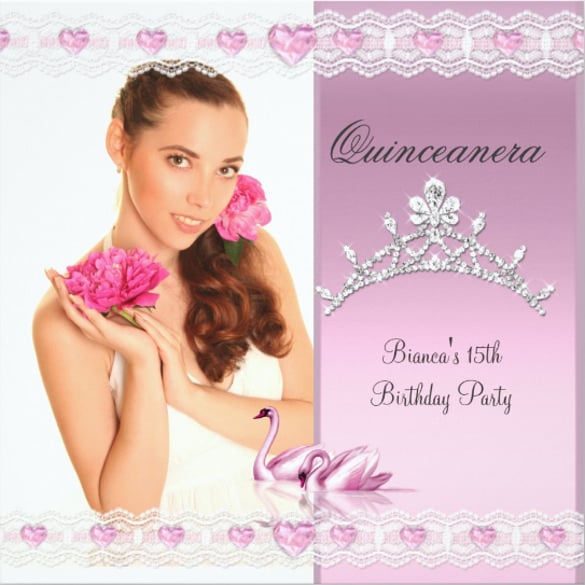 quinceanera 15th white pink swans tiara photo invitation
