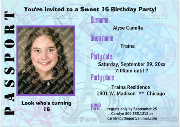 customizable passport sweet 16 party invite