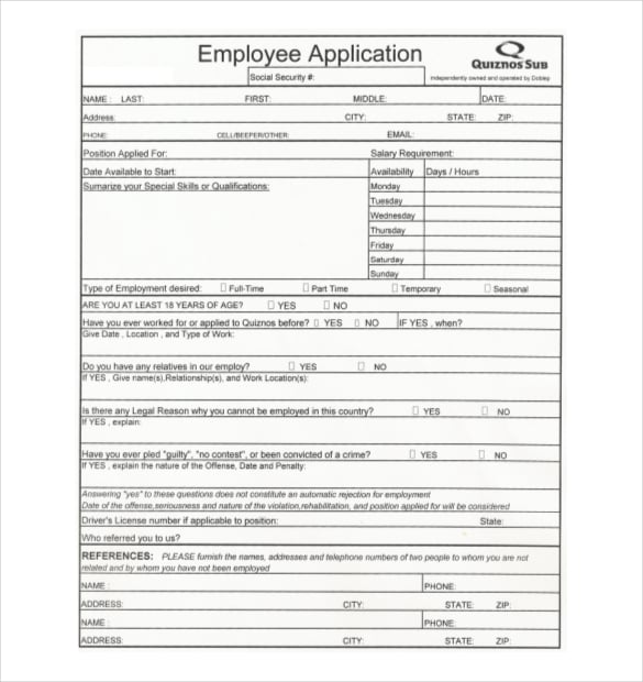 example restaurant job application form free download