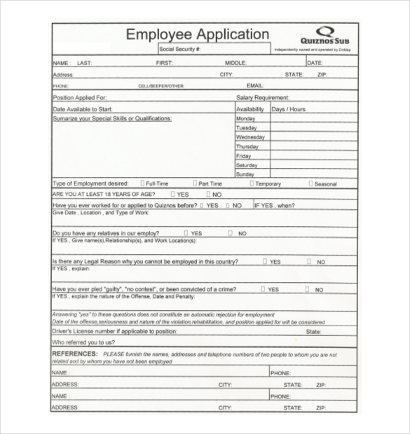 Restaurant Job Application Template 9384