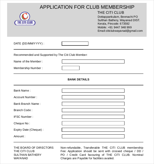 form sample for application gym membership PDF, 15 Sample Free  DOC   Club  Application Templates