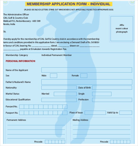 individual club member application form download