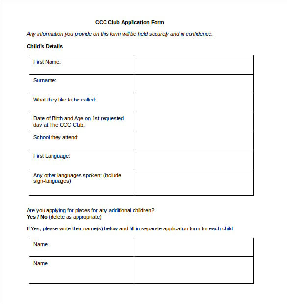 childrens creative club membership application word document