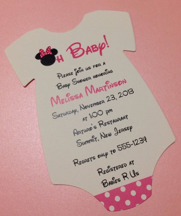 pink minnie mouse onesie baby shower invitation