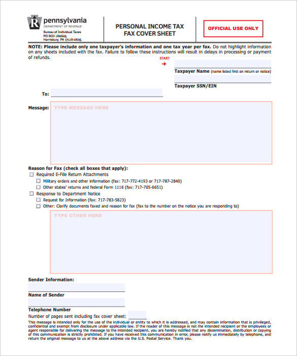 personal income tax fax cover sheet template pdf free download