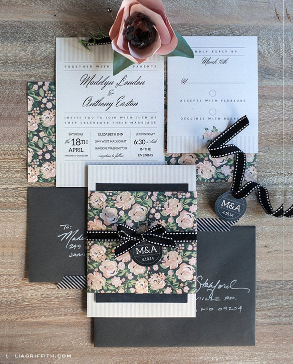 printable vintage wedding invitation set in blush charcoal
