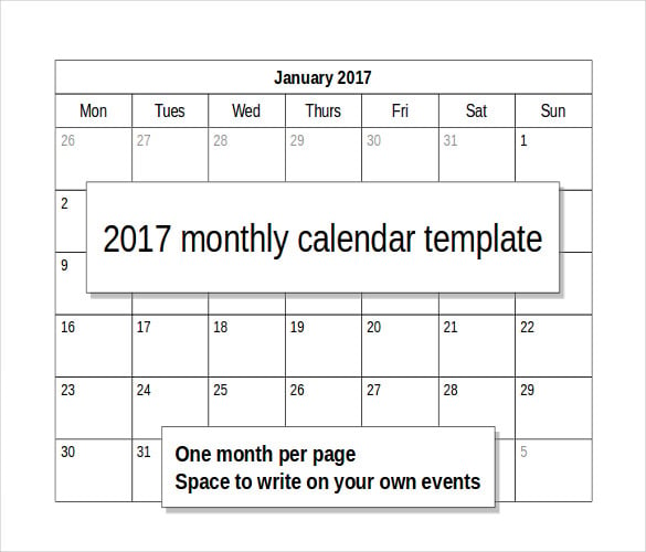 free 2017 monthly calendar template