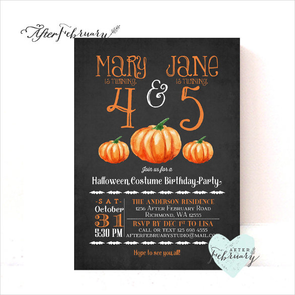 watercolor pumpkin twins halloween birthday invitation