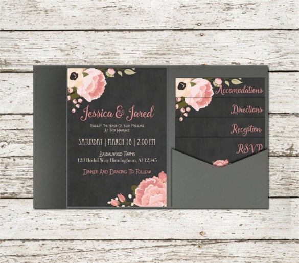 chalkboard floral peach and pink pocket wedding invitation