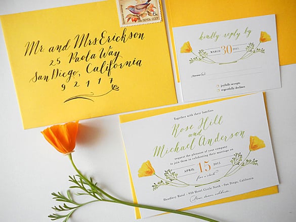 california poppy calligraphy wedding invitation suite