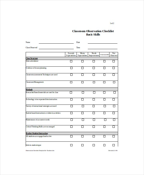 observation checklist template for teachers