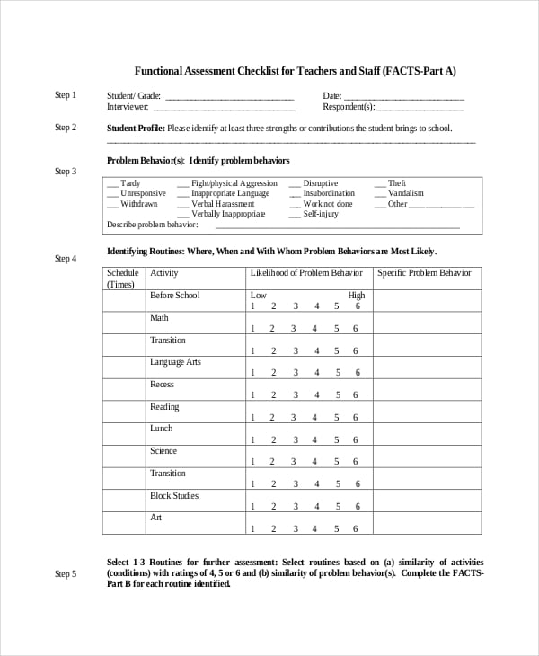 functional assessment checklist template for teachers