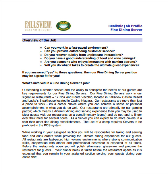 12+ Server Job Description Templates Free Sample, Example, Format