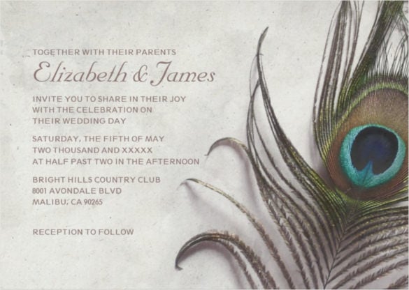 rustic peacock feather wedding invitation