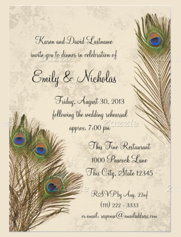 peacock feather rehearsal wedding invitation