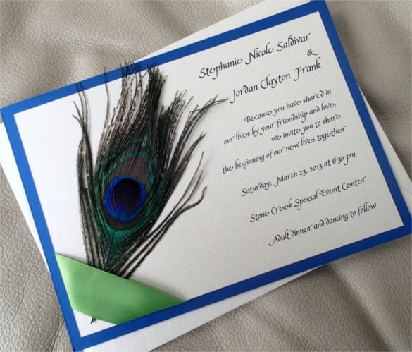 royal blue peacock feathers invitation
