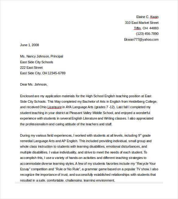 teaching job cover letter freeword template download
