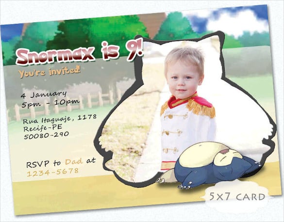 pokemon snorlax invitation card kids birthday cute horizontal postcard
