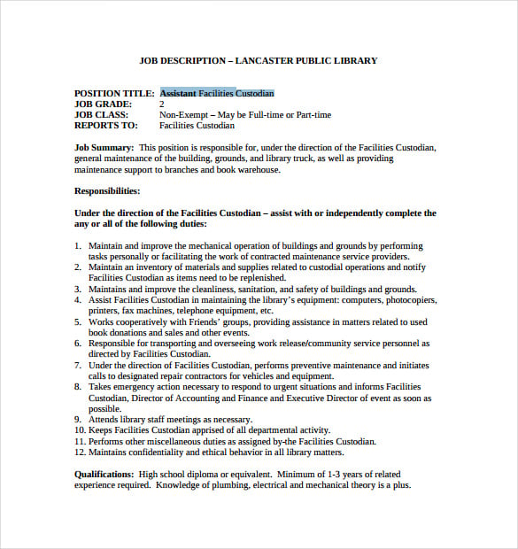 Custodial maintenance worker job description