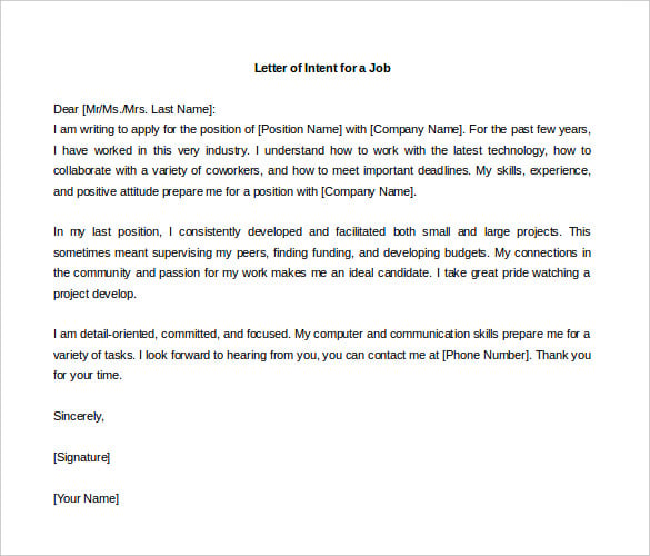 letter of intent for a job simple template free format