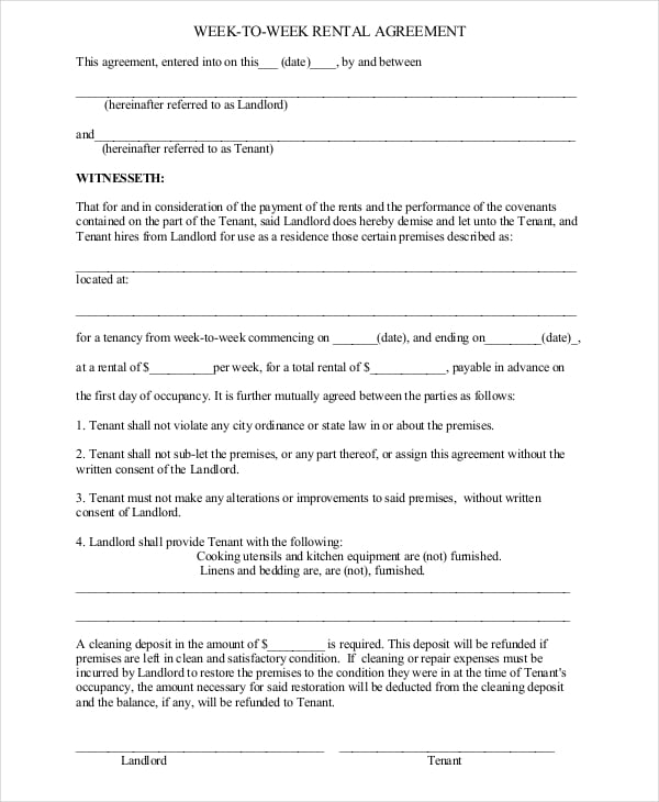 weekly rental agreement template