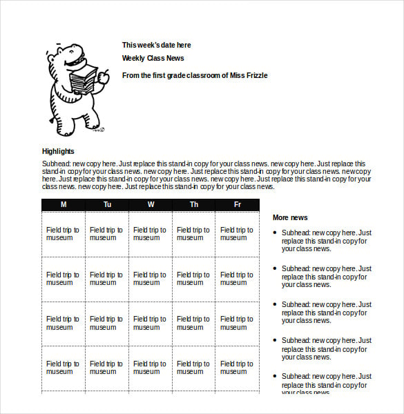 weekly classroom newsletter template