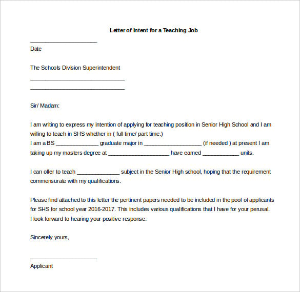 letter of intent for a teaching job ms word for free