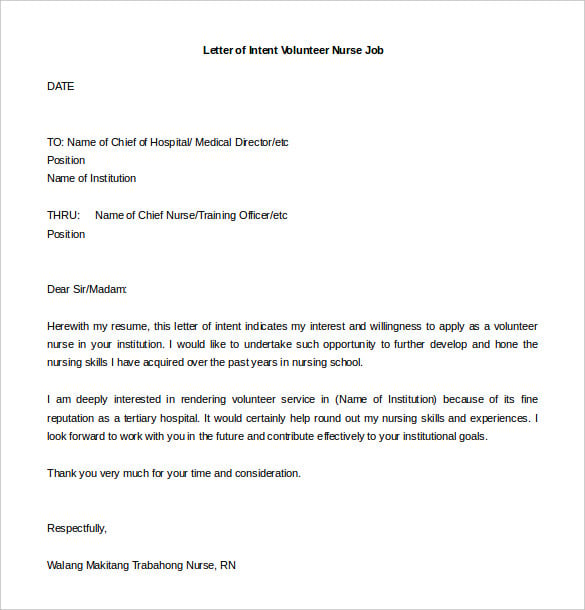 letter of intent volunteer nurse job free editable doc