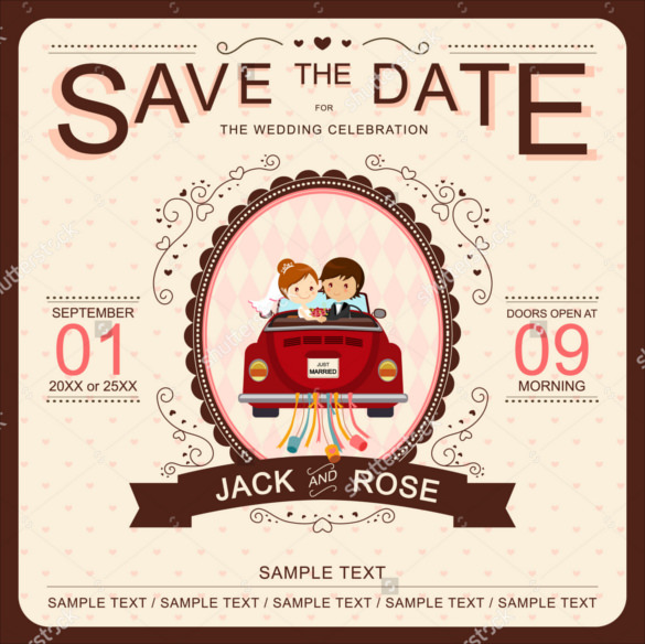 bride and groom in red car funny wedding invitation