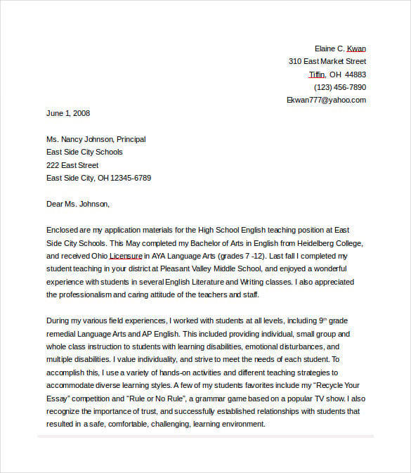 english teacher cover letter word template free download