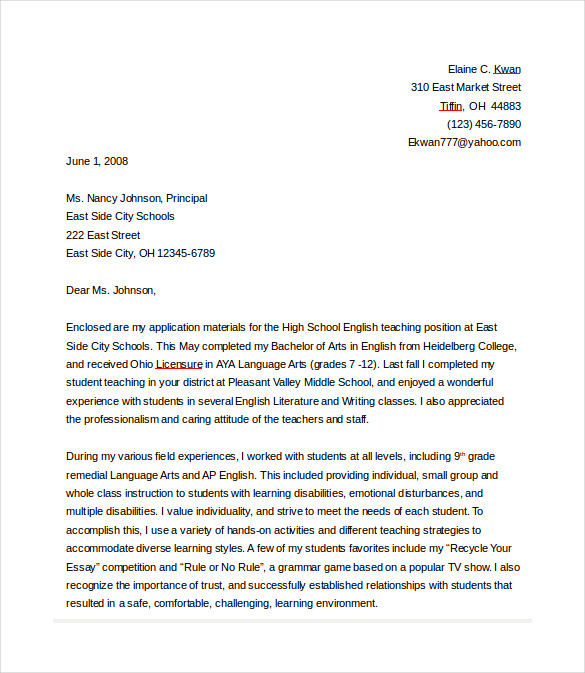 letter template english in Teacher Templates Example  Free Cover  Sample, 8 Letter