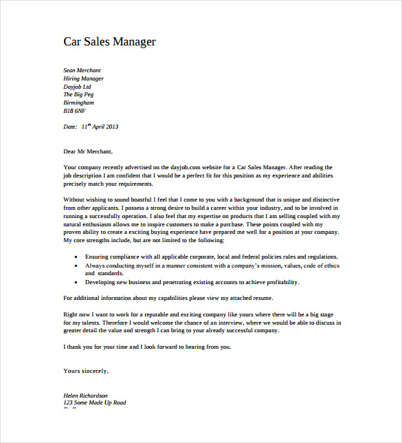 auto sales cover letter