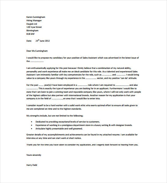 sales assistant cover letter pdf template free download