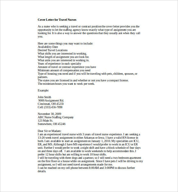 cover letter for travel nurses word template free download