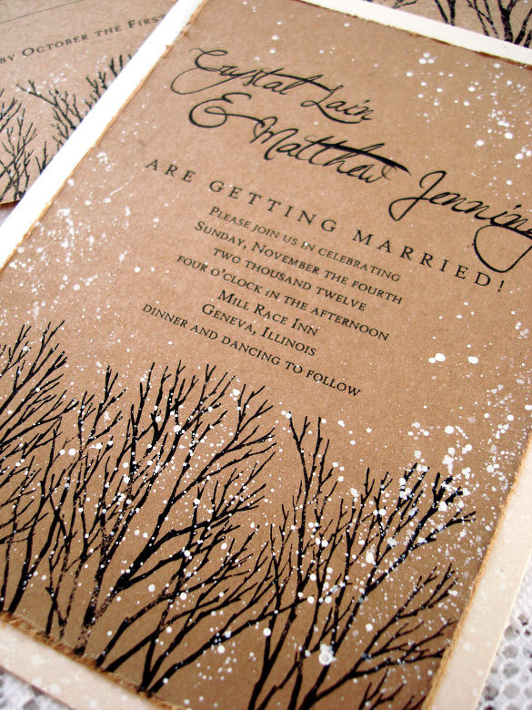 winter wedding invitation tree hand stamped and painted
