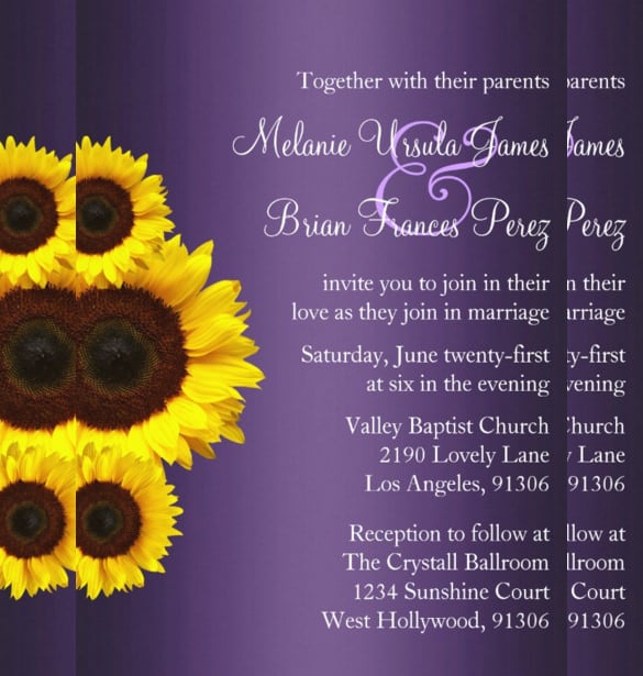 purple and yellow sunflower wedding invitation