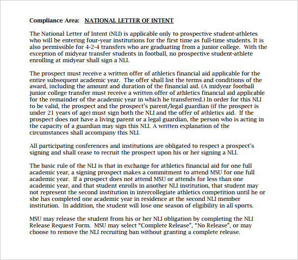 university compliance free national letter of intent