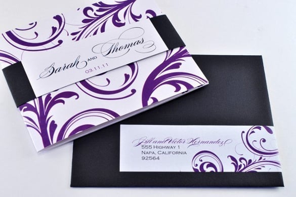 purple and black tri fold wedding invitation