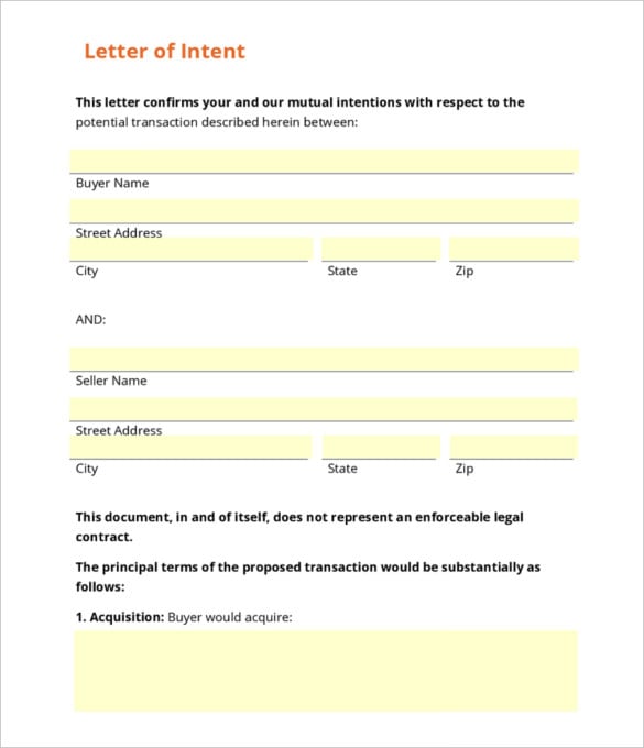 letter of intent for buying a business template printable