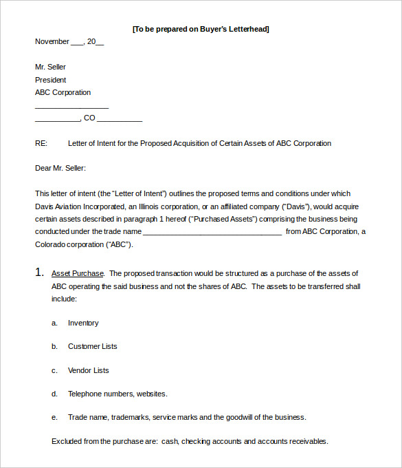 Business Acquisition Letter Of Intent Template