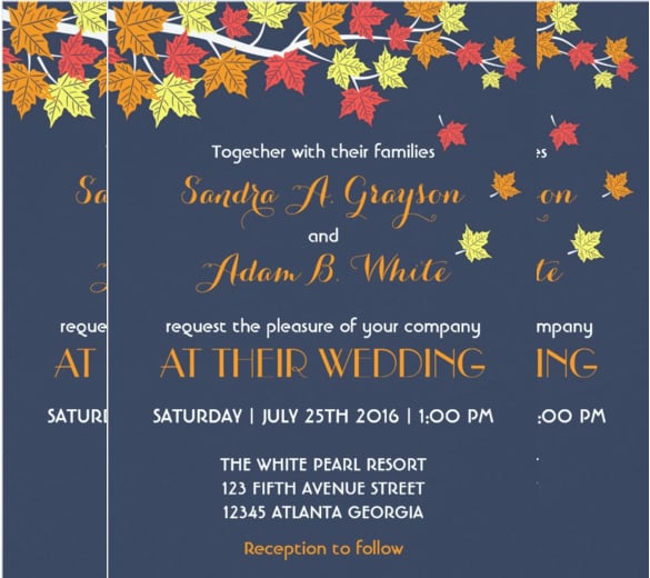 navy blue falling maple leaves wedding invitation for autumn